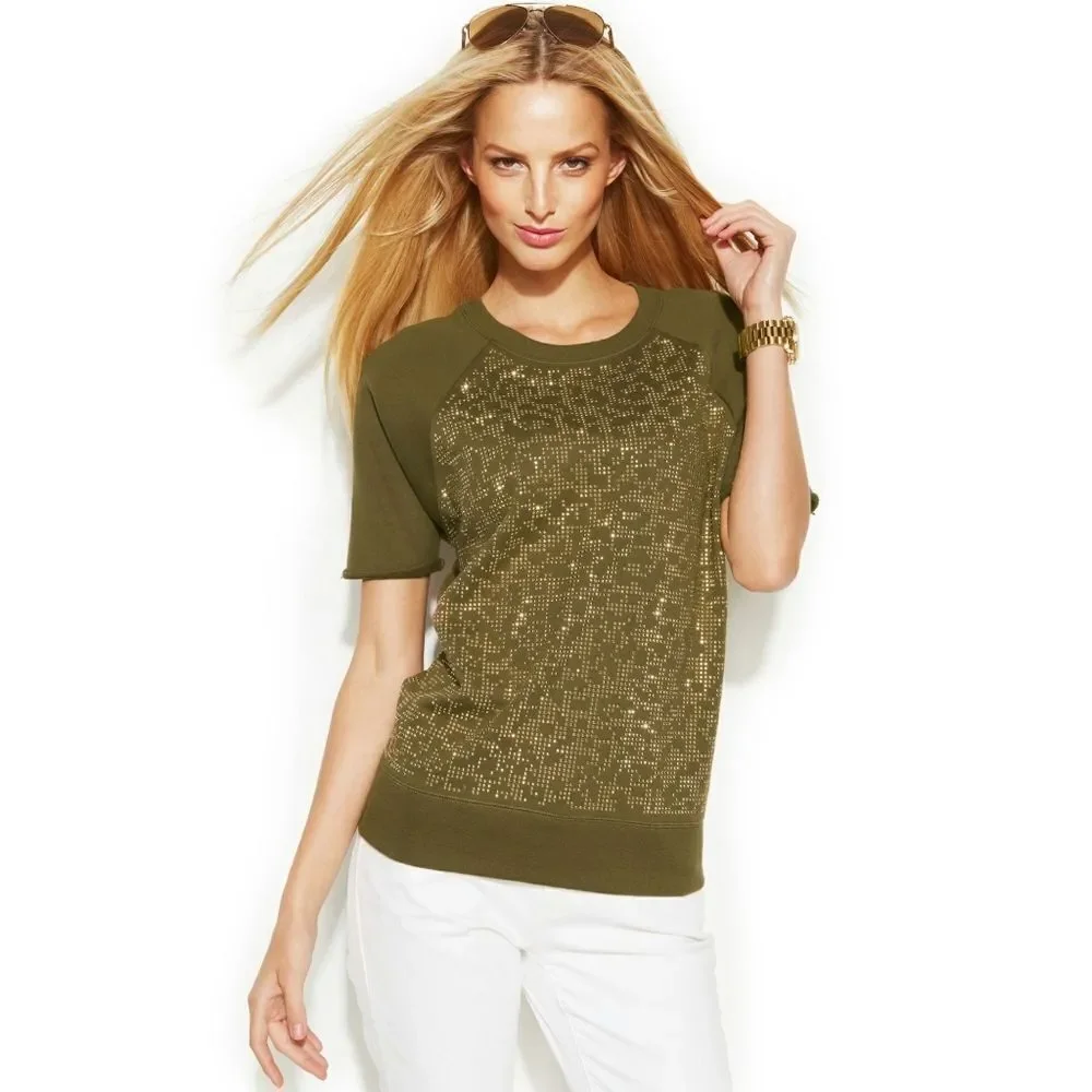 New! MICHAEL KORS Studded-Front Short Sleeve Raglan Sweater Duffle Green Size XS